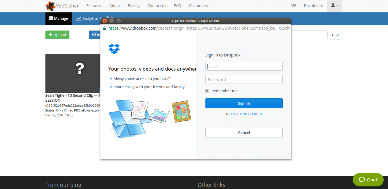 Import video directly from Dropbox for Secure video hosting