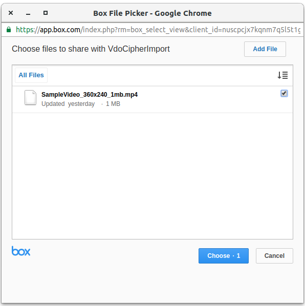 VdoCipher import videos from Box.com pop window screenshot