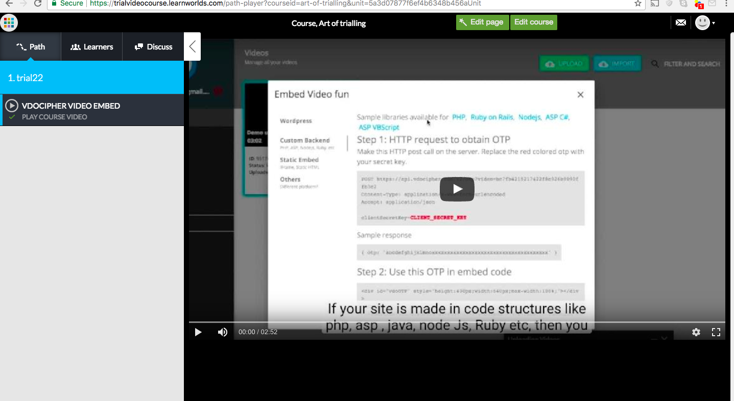 Learnworlds VdoCipher integration to sell online courses Step 4