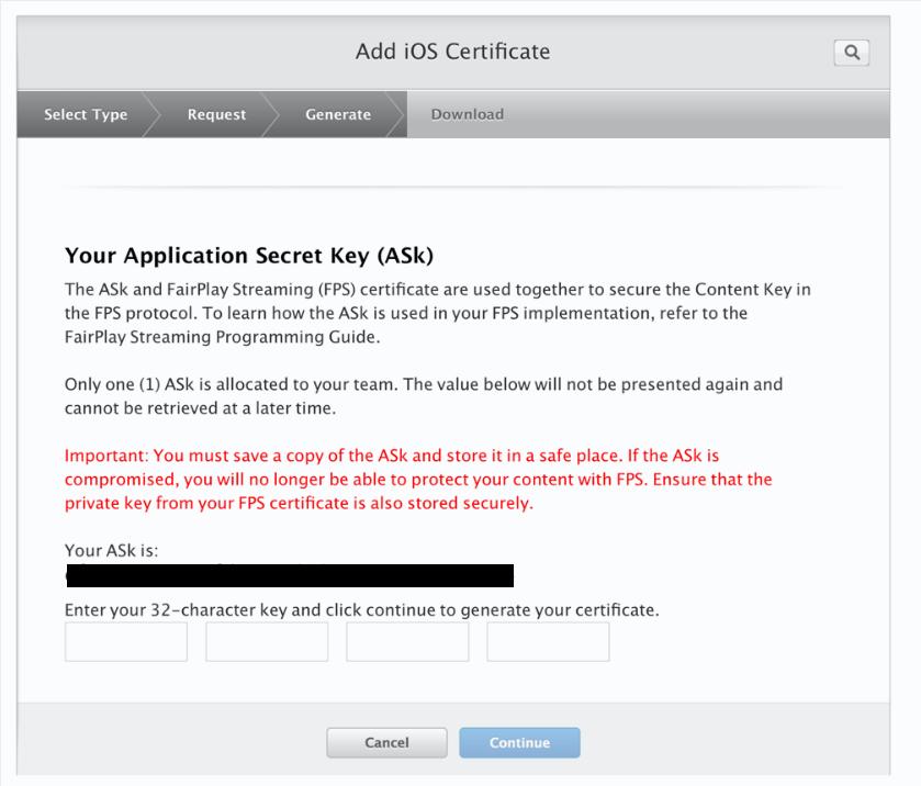 Screenshot when Fairplay DRM ASK is created Screenshot when Fairplay DRM ASK is created
