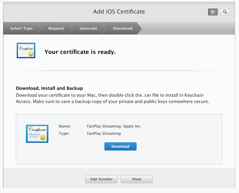 Screenshot where Fairplay DRM signed certificate is downloaded