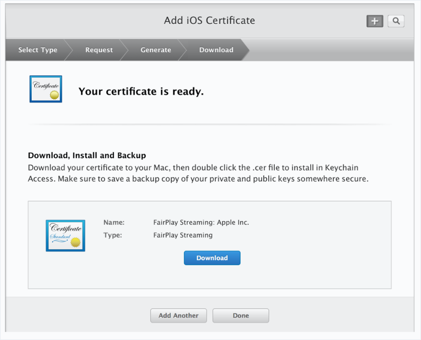 Screenshot when Fairplay DRM signed certificate is downloaded Screenshot where Fairplay DRM signed certificate is downloaded