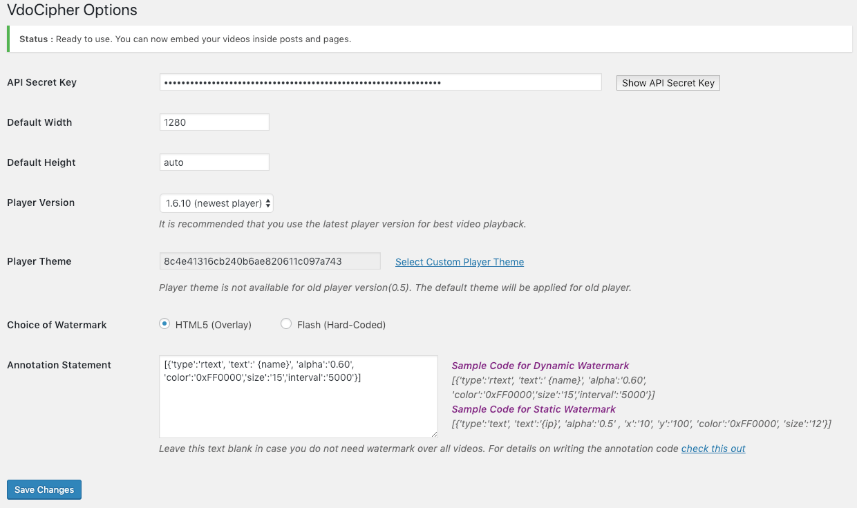 Settings page for VdoCipher WordPress video hosting plugin for secure streaming