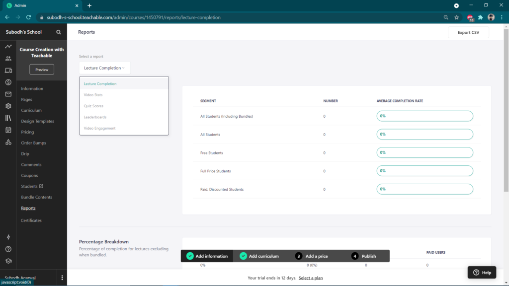 Teachable reports & analytics