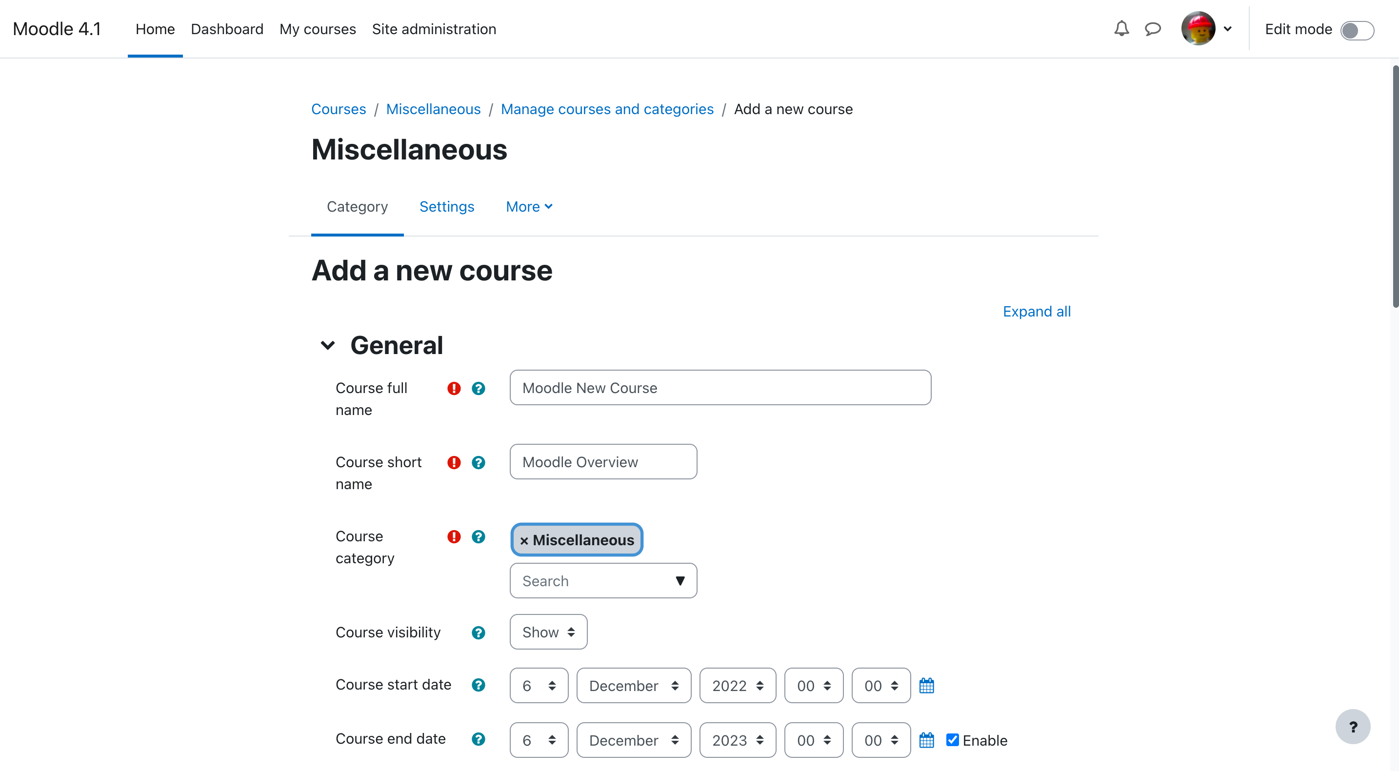 moodle new course addition