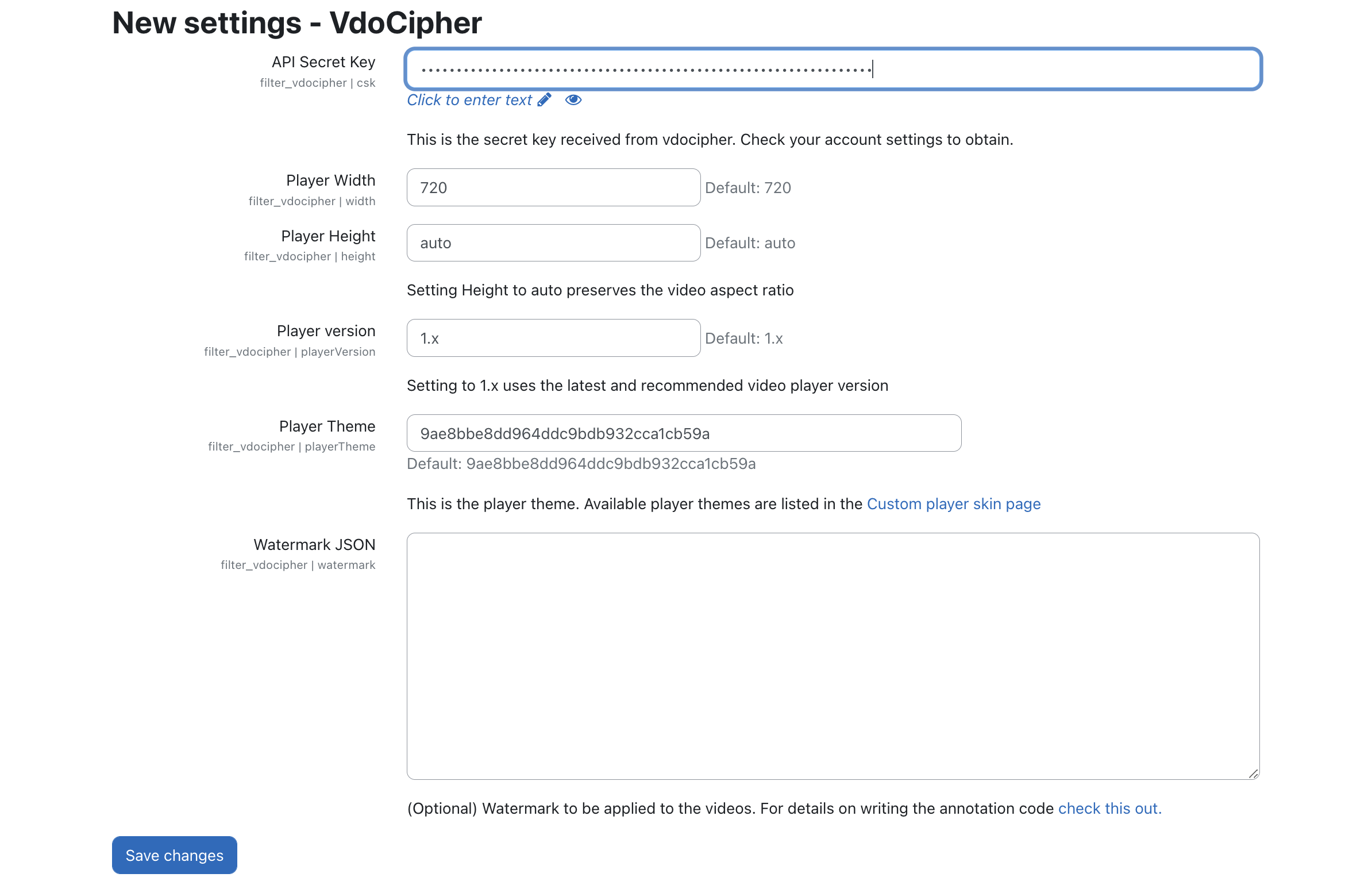 Settings page of the moodle vdocipher plugin