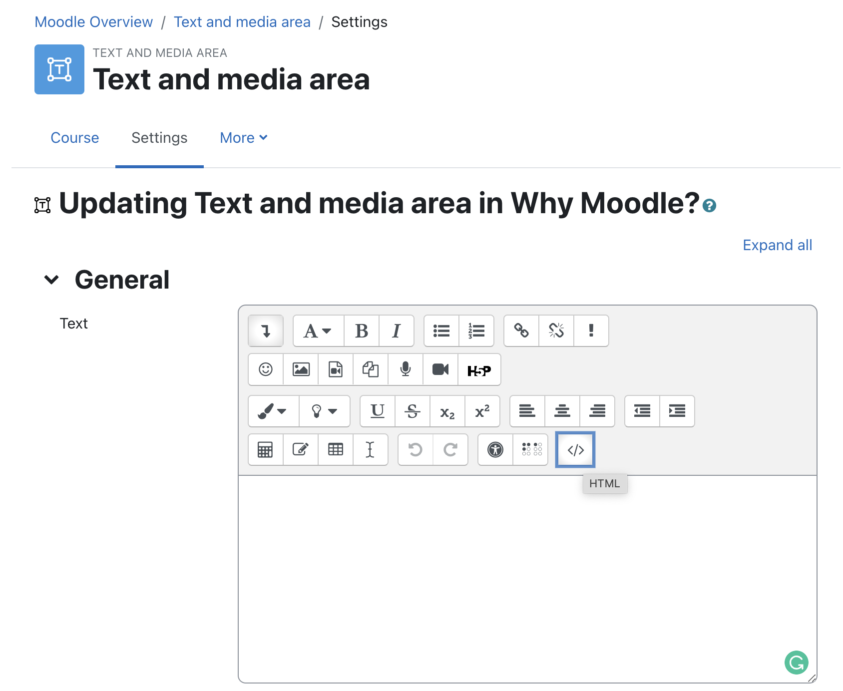 moodle video HTML editor of the text section