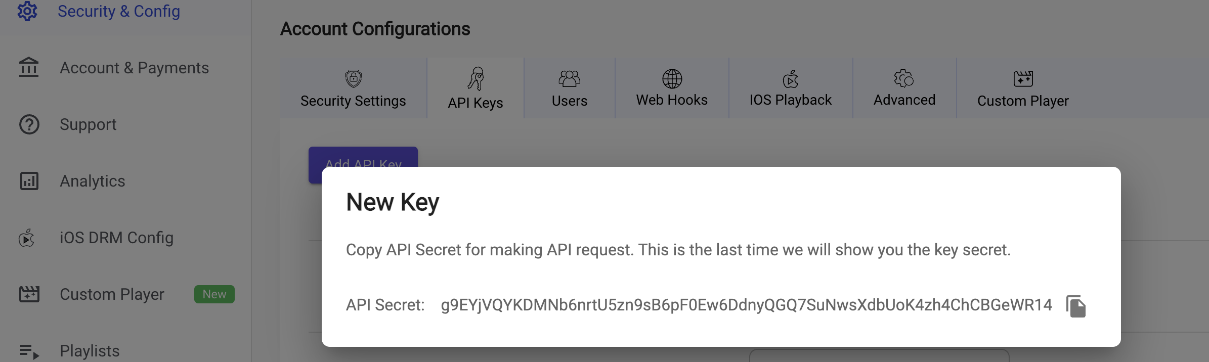 API secret key copy