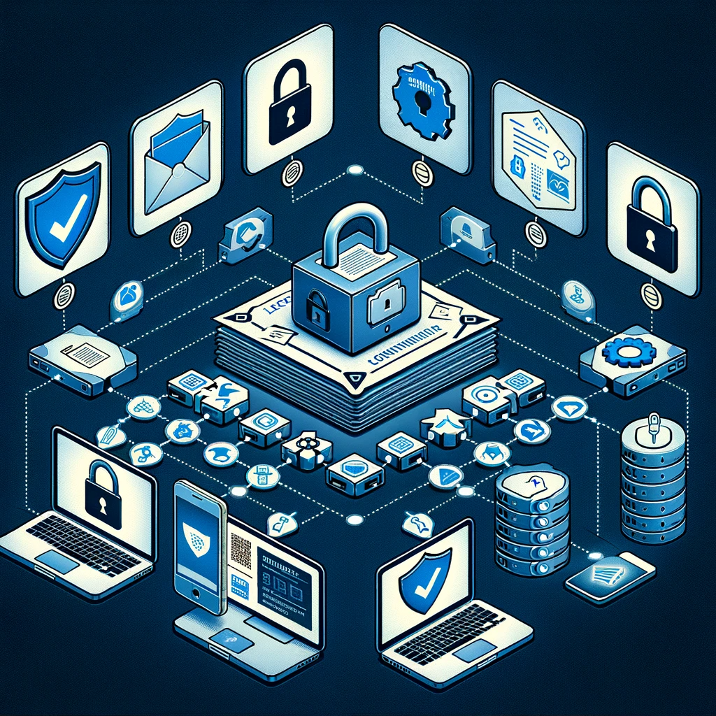 Illustration of a detailed workflow of Digital Rights Management (DRM) for content distribution.