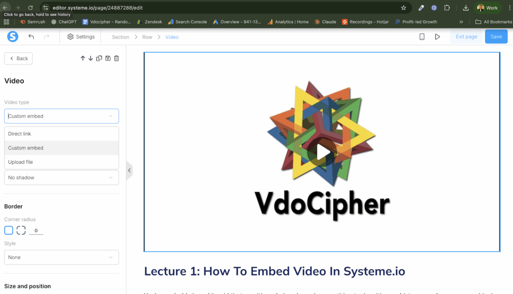 Paste embed code in Systeme io