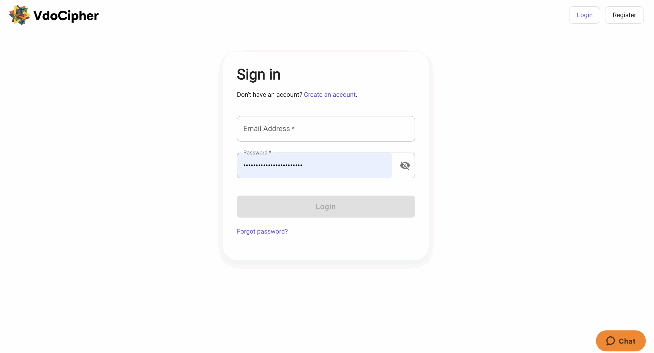VdoCipher login screen