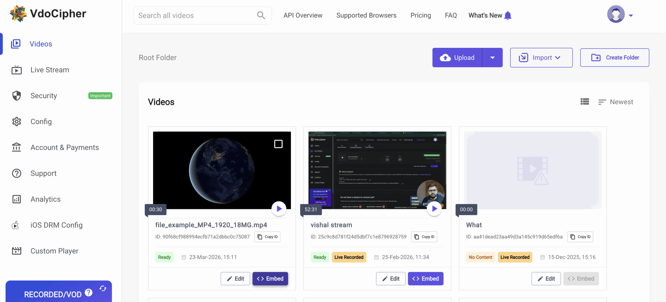 VdoCipher dashboard embed button