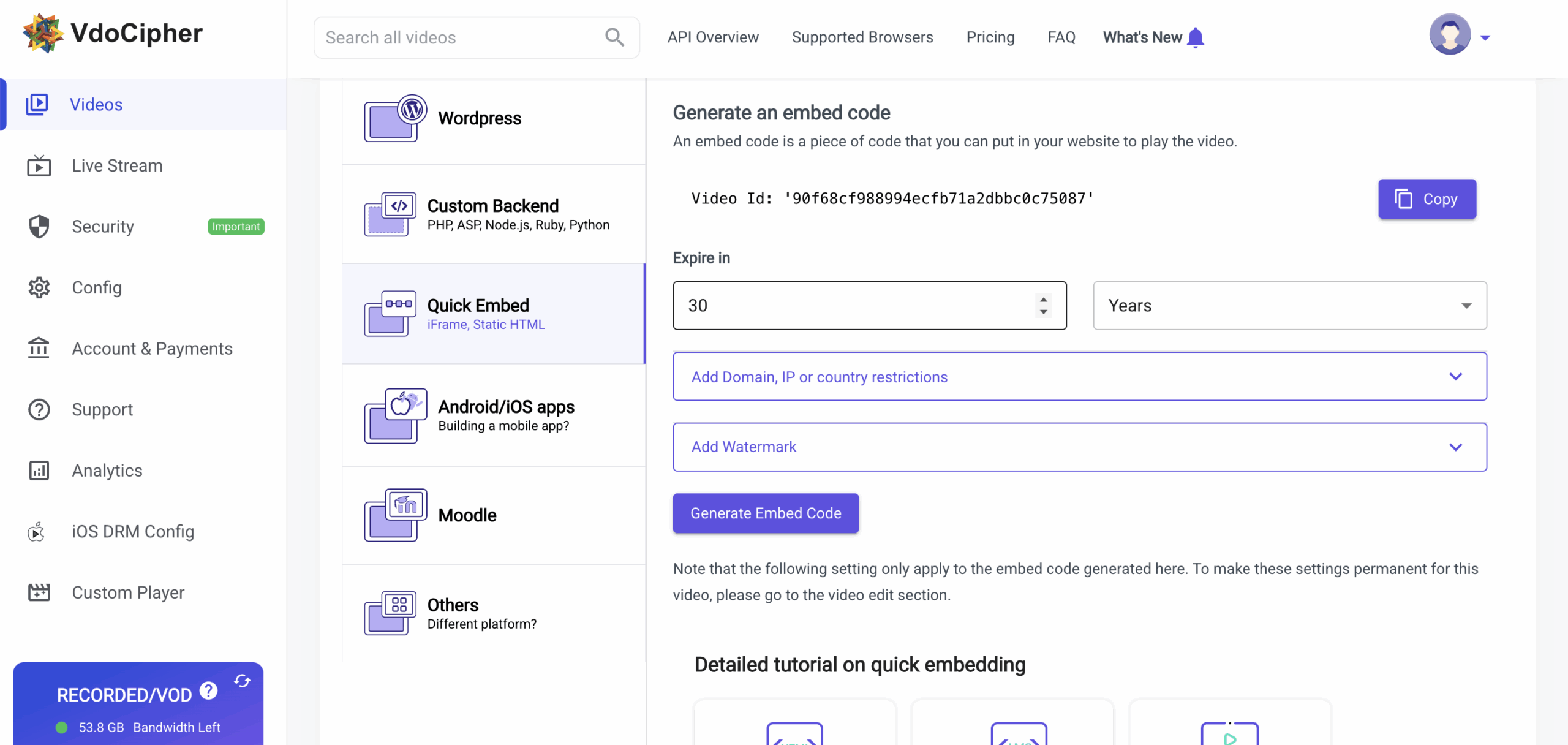 Embed settings panel