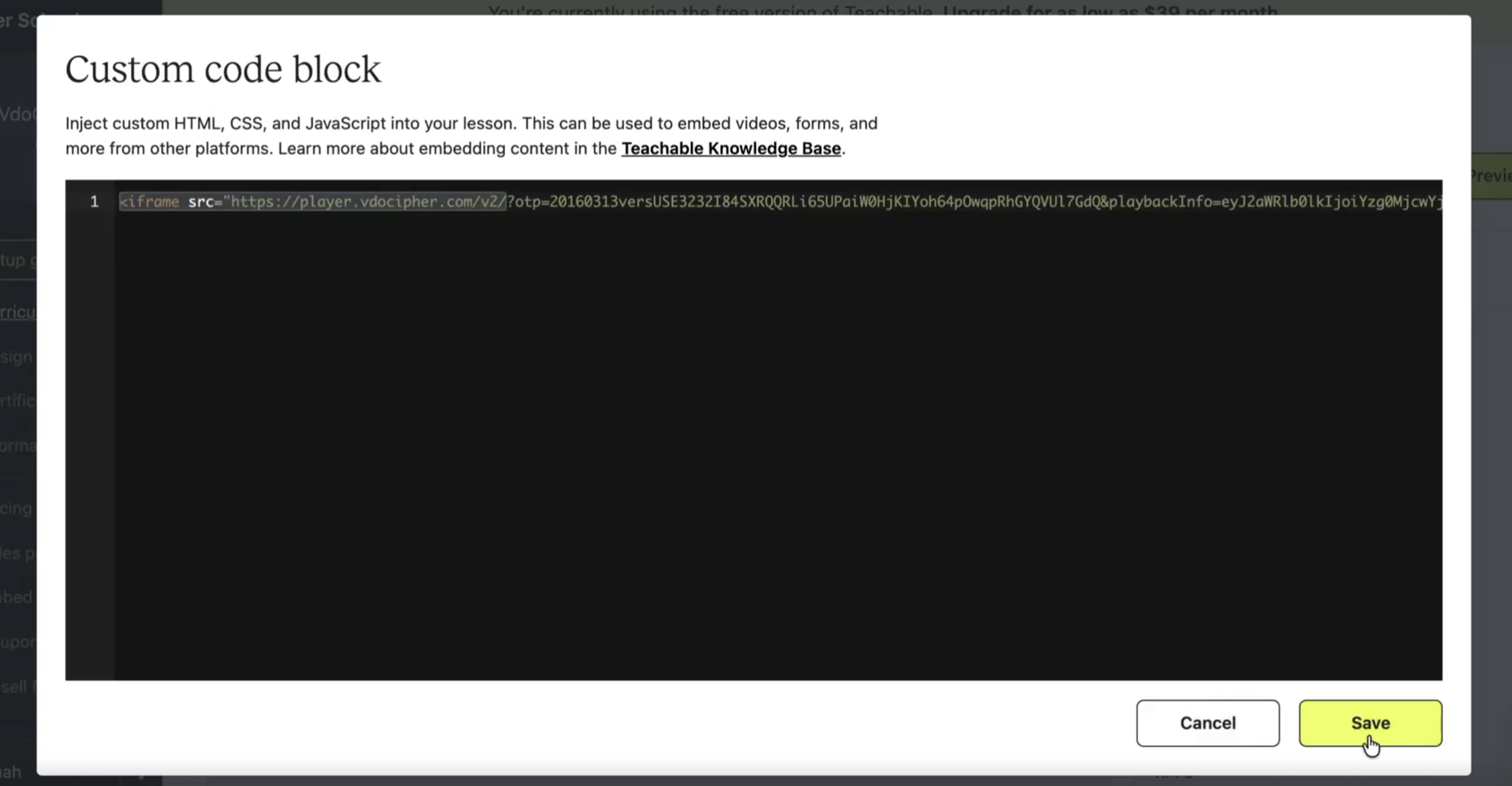 Paste code in Teachable