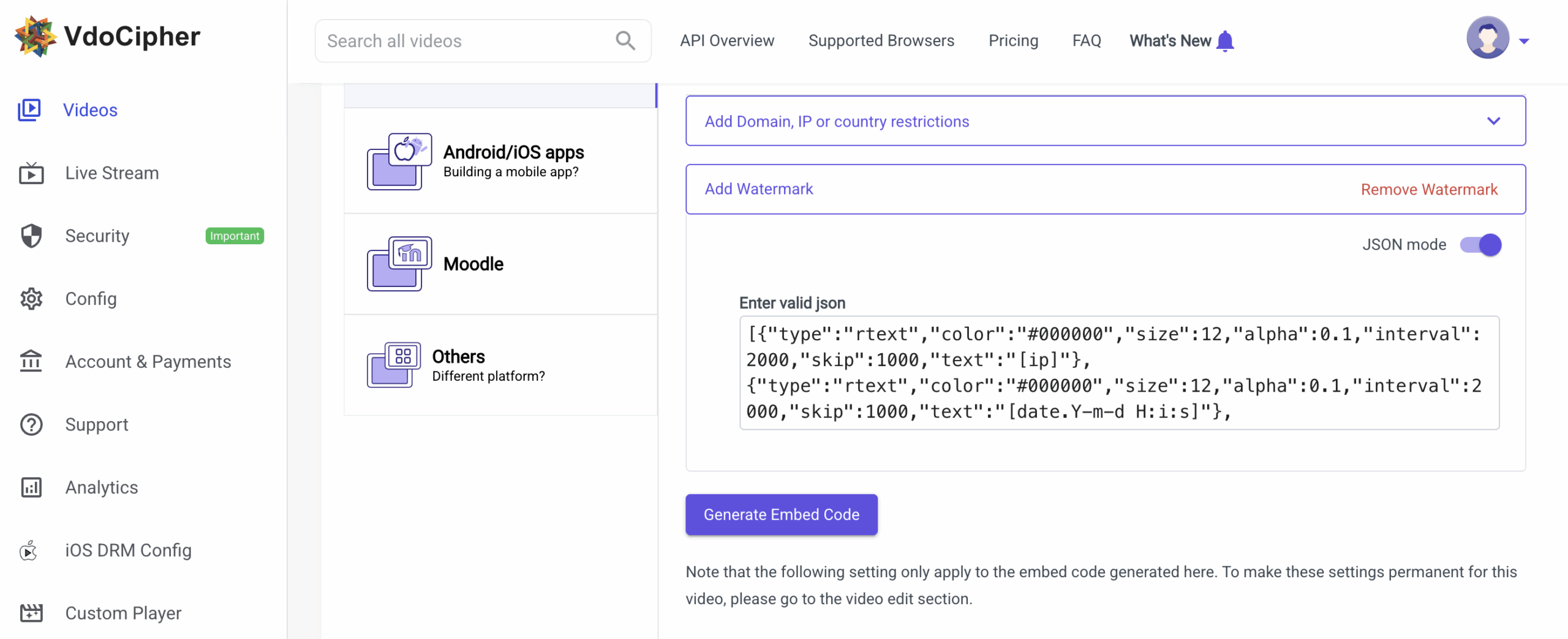 JSON watermark settings