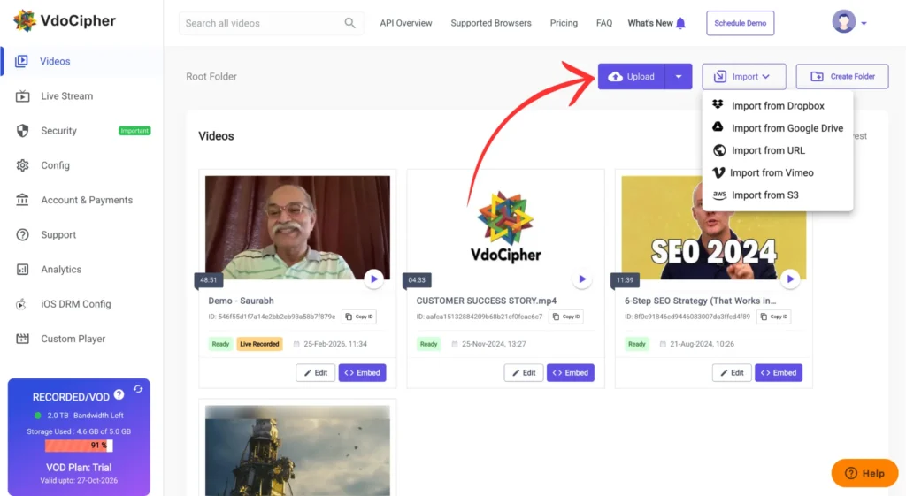 Upload or import video in VdoCipher