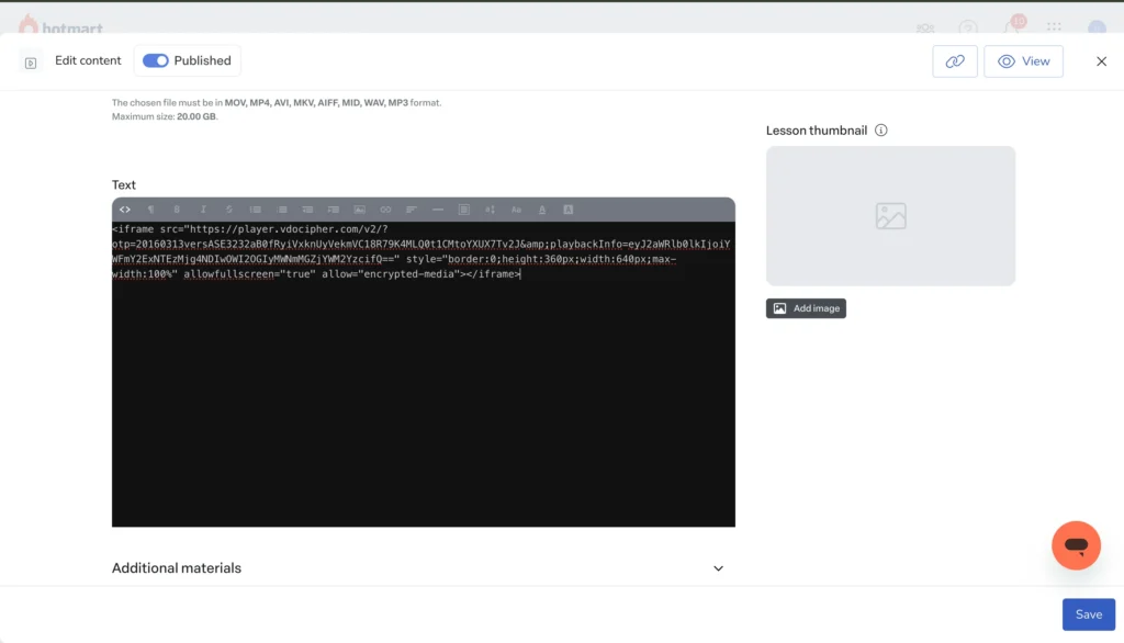 Paste Embed code on hotmart