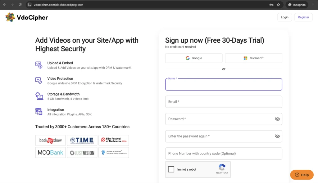 Sign Up at VdoCipher