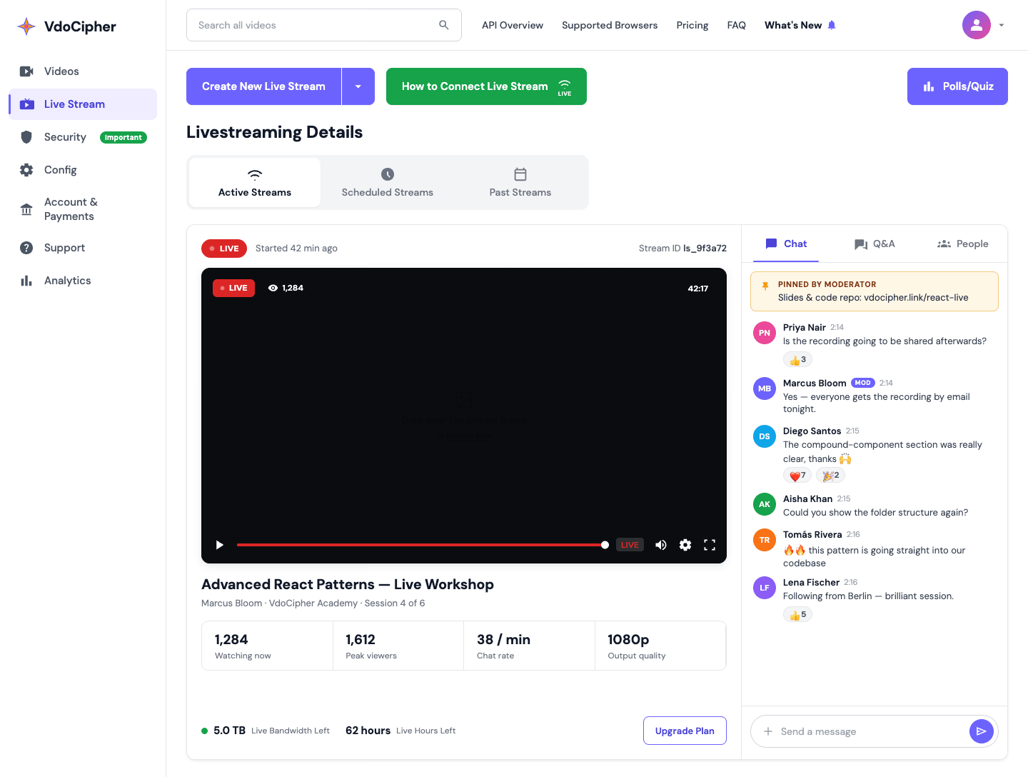 VdoCipher live streaming dashboard showing viewer counts, playback health, and piracy detection
