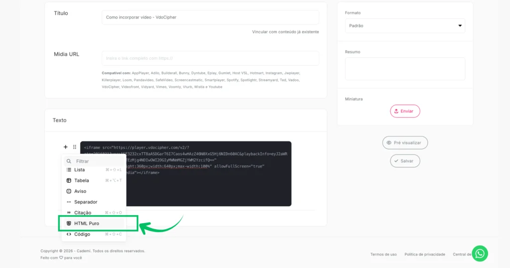 Paste embed code in Cademi HTML Puro block