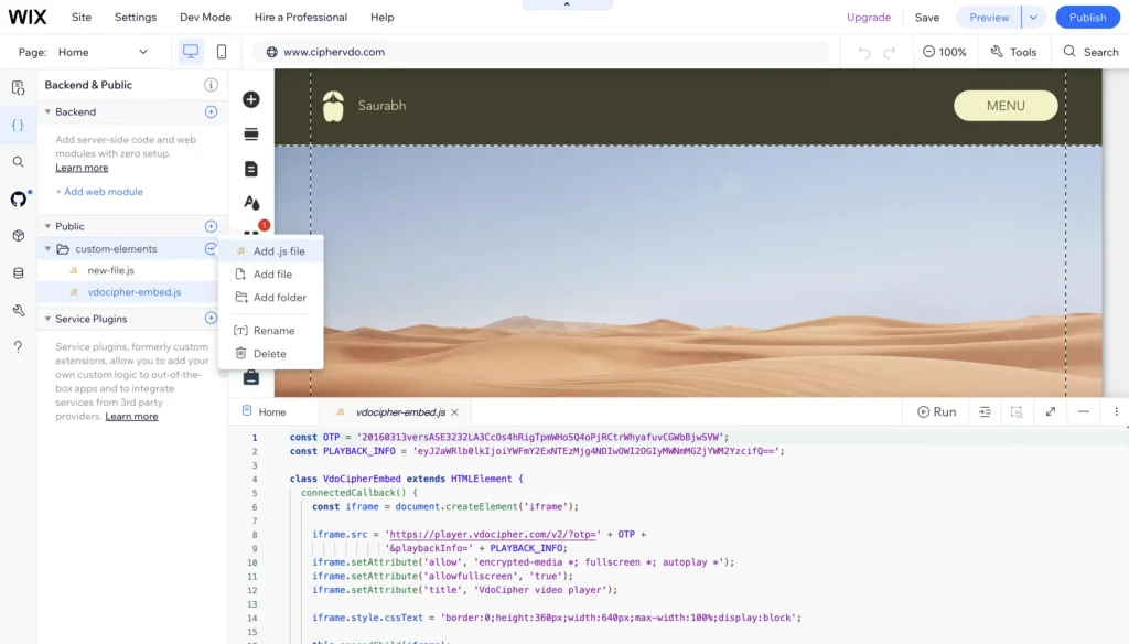 Wix editor panel showing create new file button