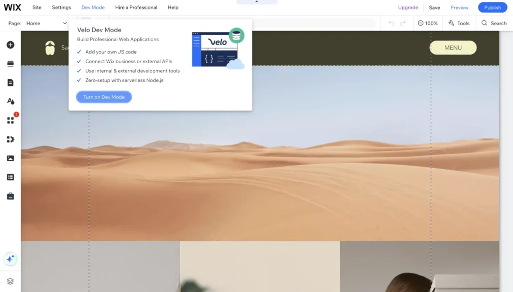 The Wix Editor top menu with the Velo Dev Mode panel open and a Turn on Dev Mode button.