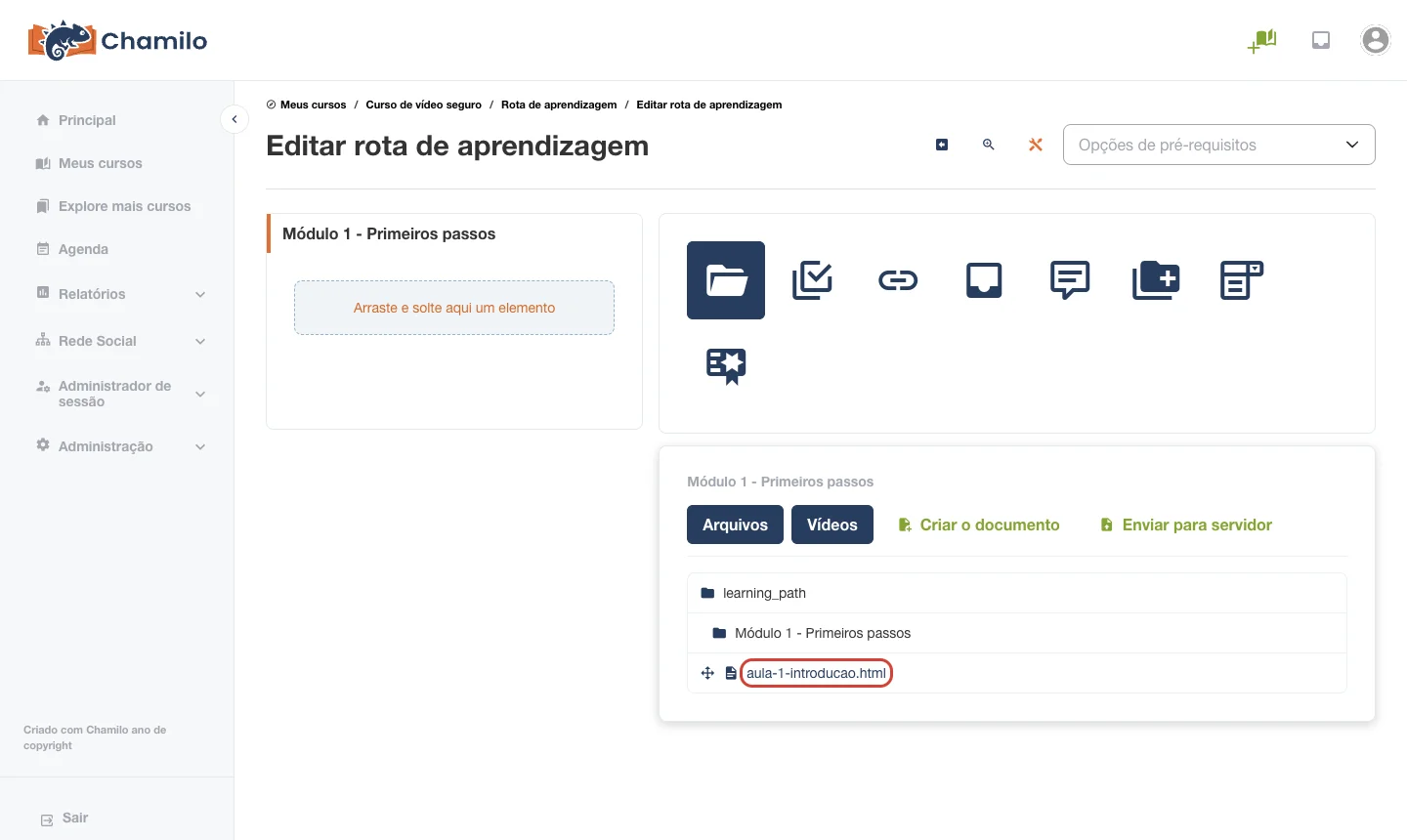 Clicar no arquivo HTML da aula para adicionar à rota de aprendizagem do Chamilo