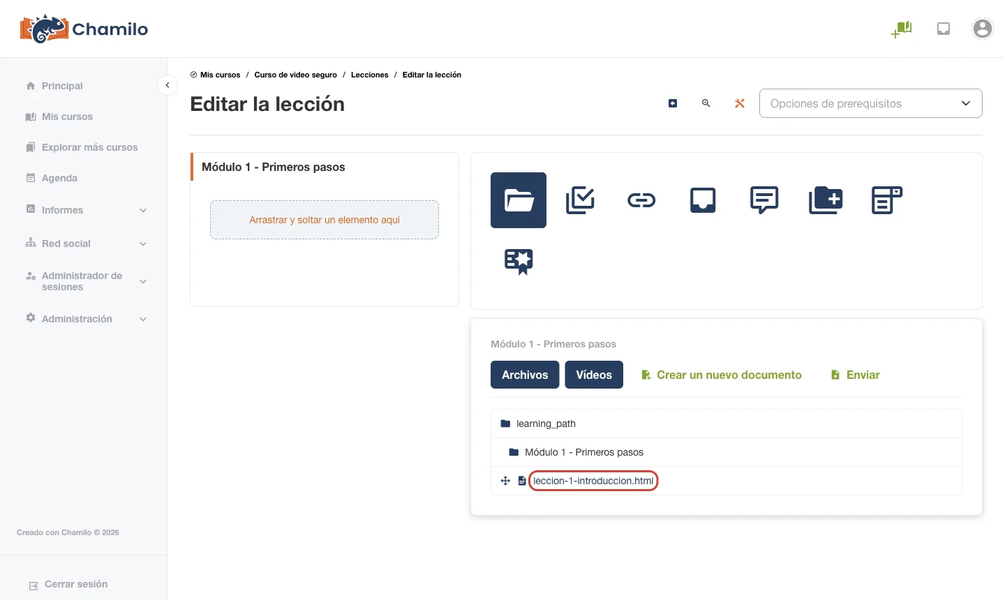 Hacer clic en el archivo HTML para agregarlo a la lección de Chamilo