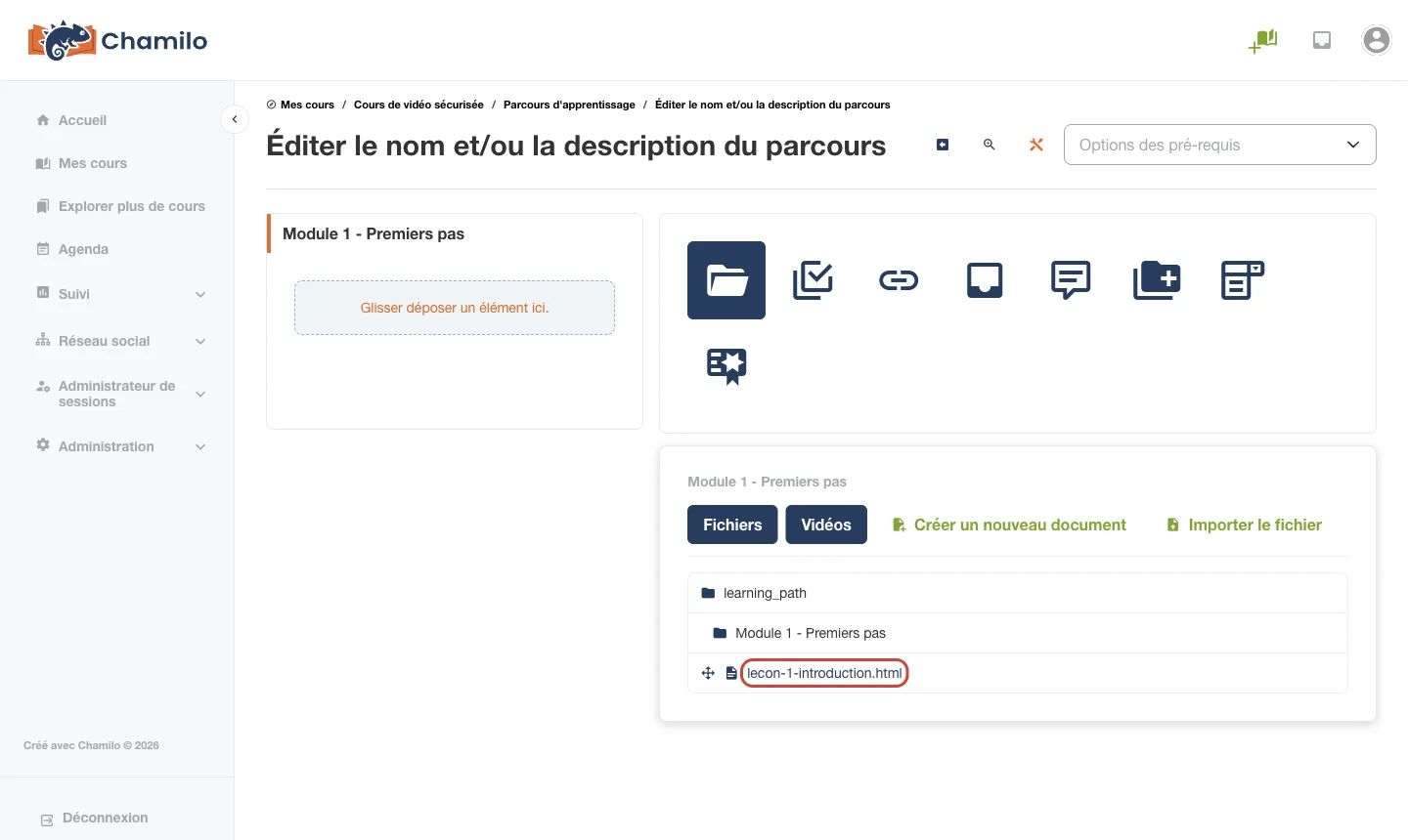 Cliquer sur le fichier HTML de la leçon pour l’ajouter au parcours Chamilo