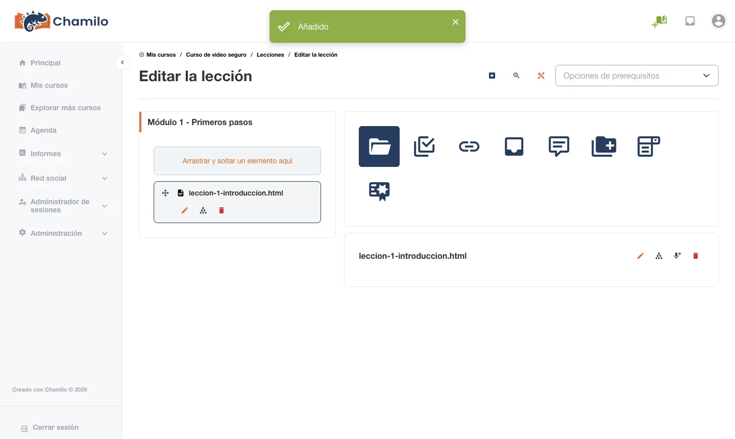 Lección con video de VdoCipher agregada a la ruta de aprendizaje de Chamilo