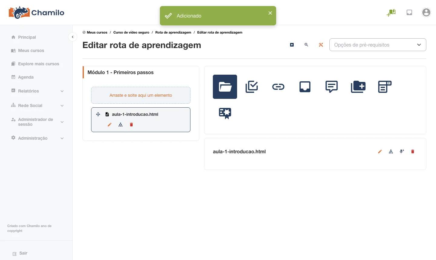 Aula com vídeo do VdoCipher adicionada à rota de aprendizagem do Chamilo