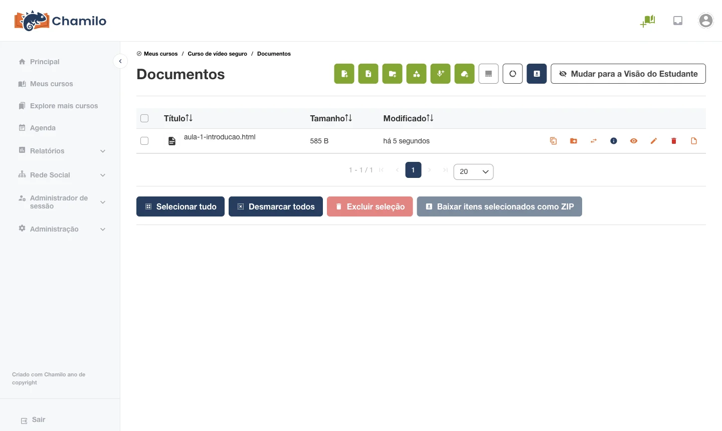 Arquivo HTML da aula na lista de Documentos do Chamilo