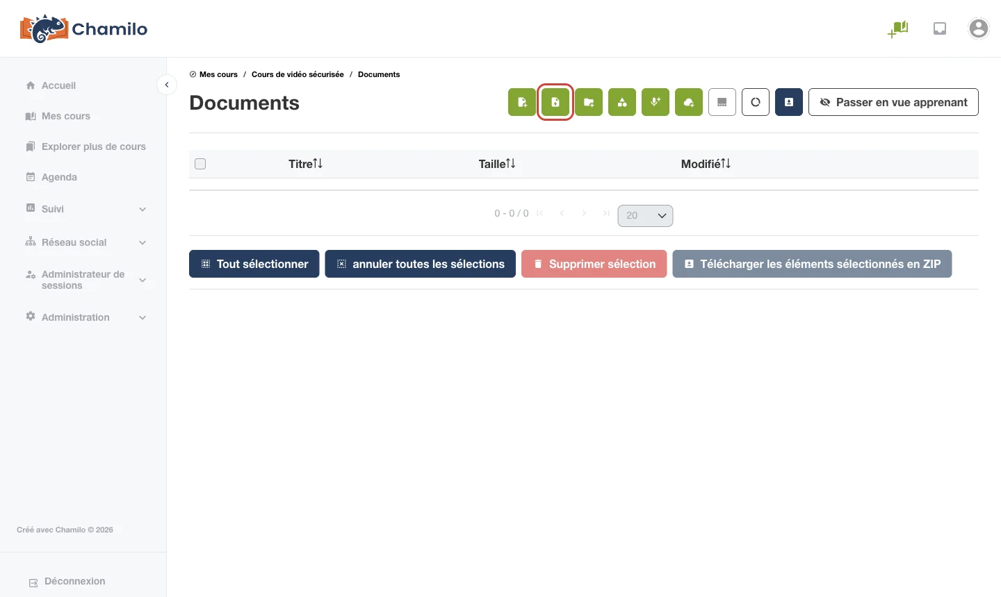Bouton Importer le fichier dans la barre d’outils Documents de Chamilo