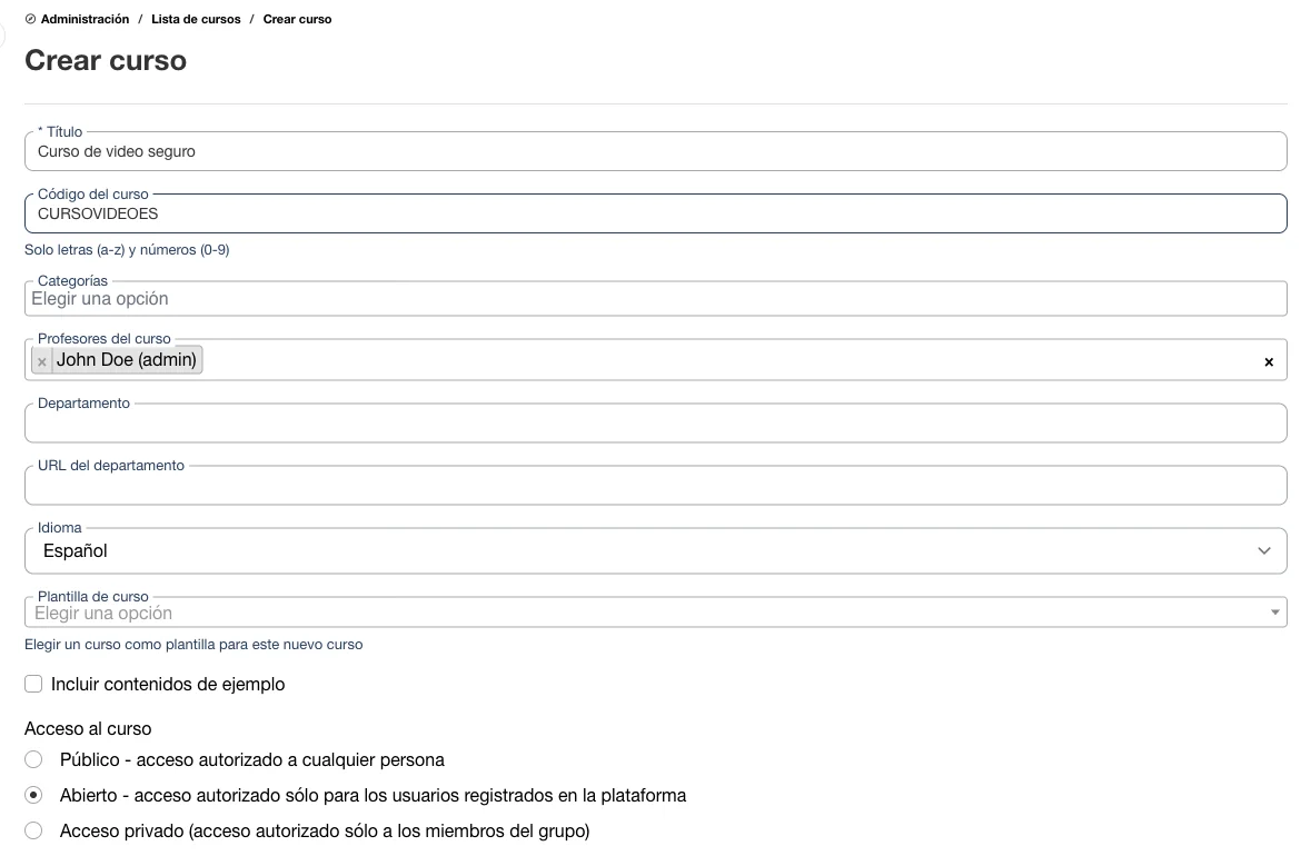 Crear un curso nuevo en la administración de Chamilo