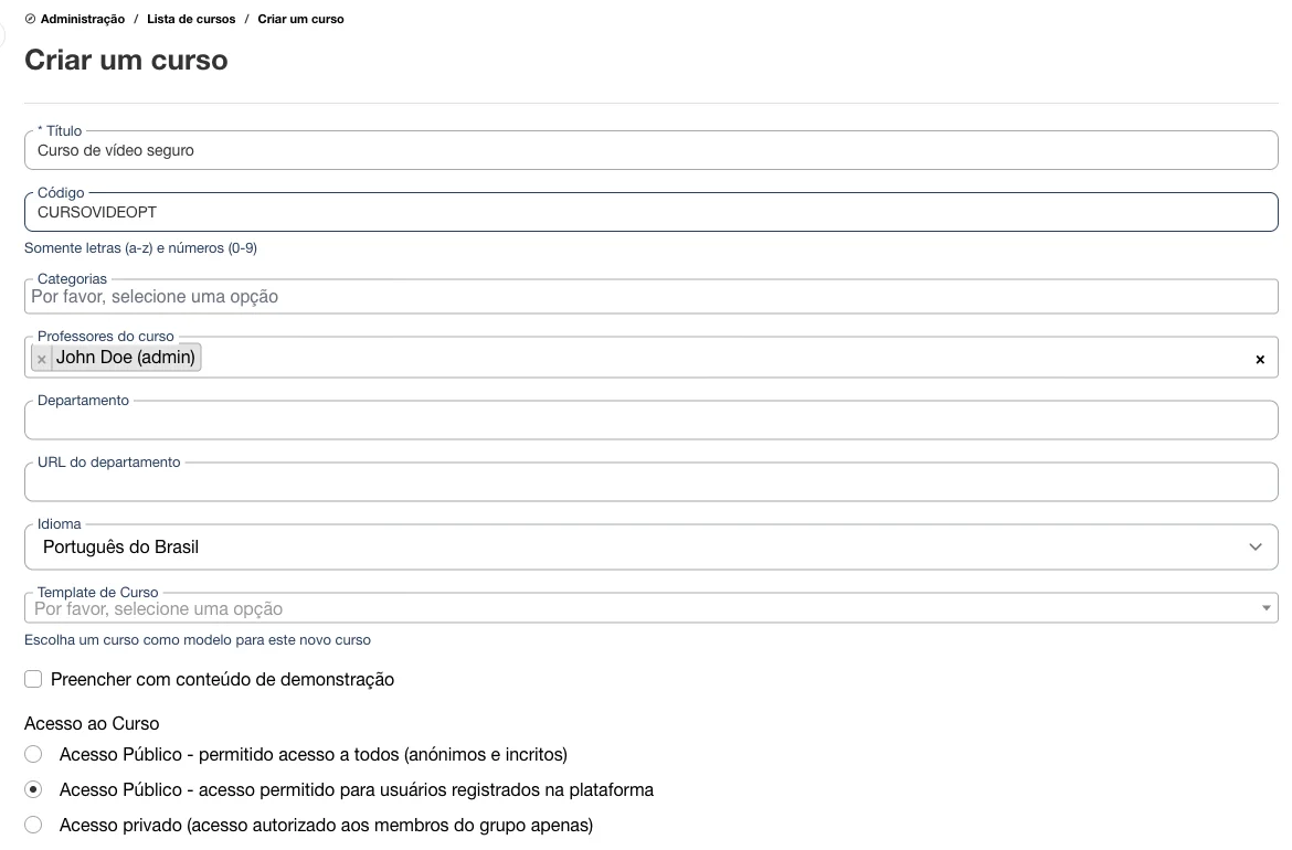 Criar um curso novo na administração do Chamilo