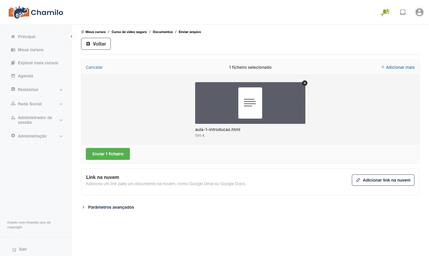 Enviar para o Chamilo o arquivo HTML da aula com o código do VdoCipher