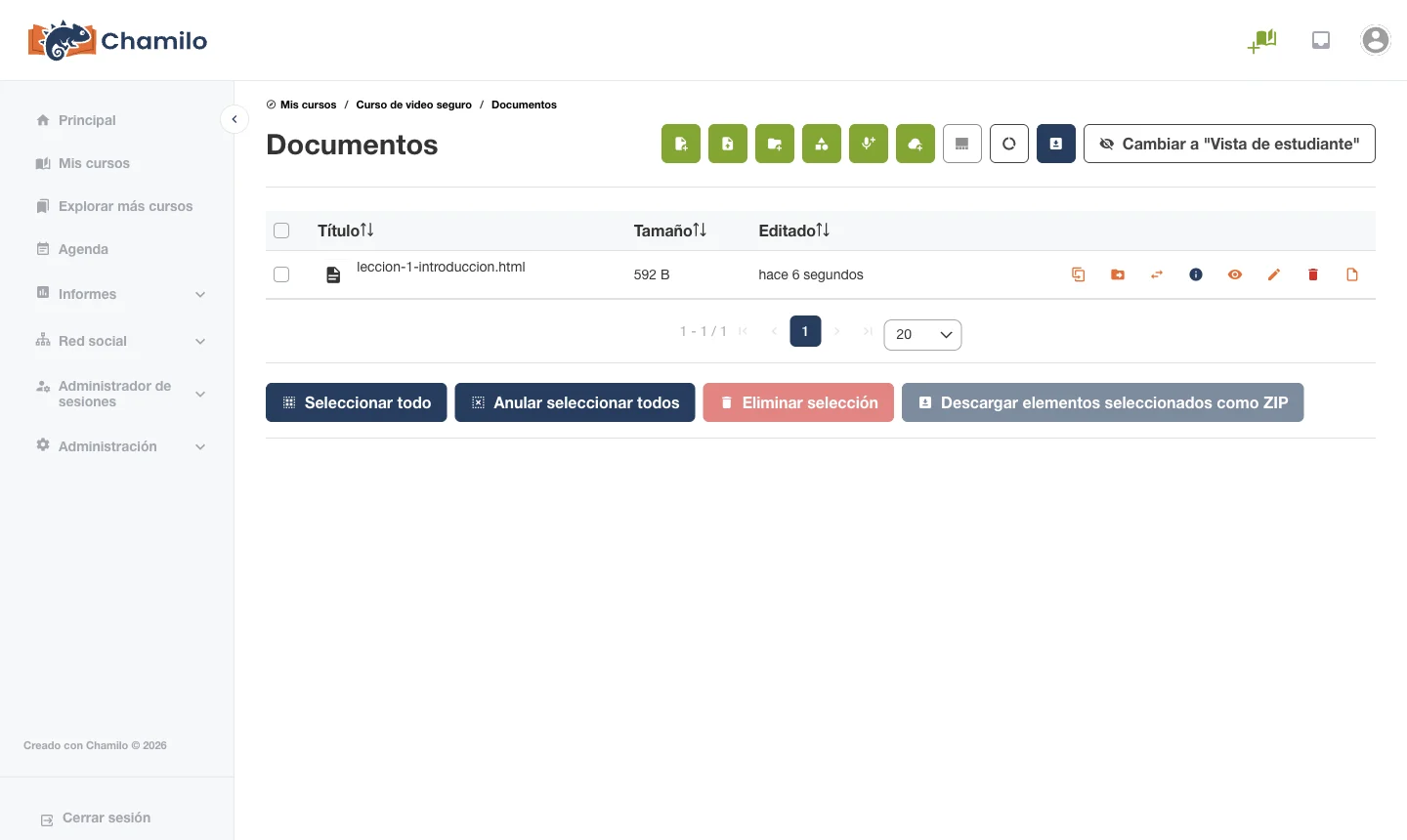 Archivo HTML de la lección en la lista de Documentos de Chamilo