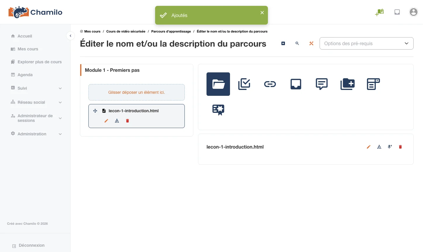 Leçon avec vidéo VdoCipher ajoutée au parcours d’apprentissage Chamilo