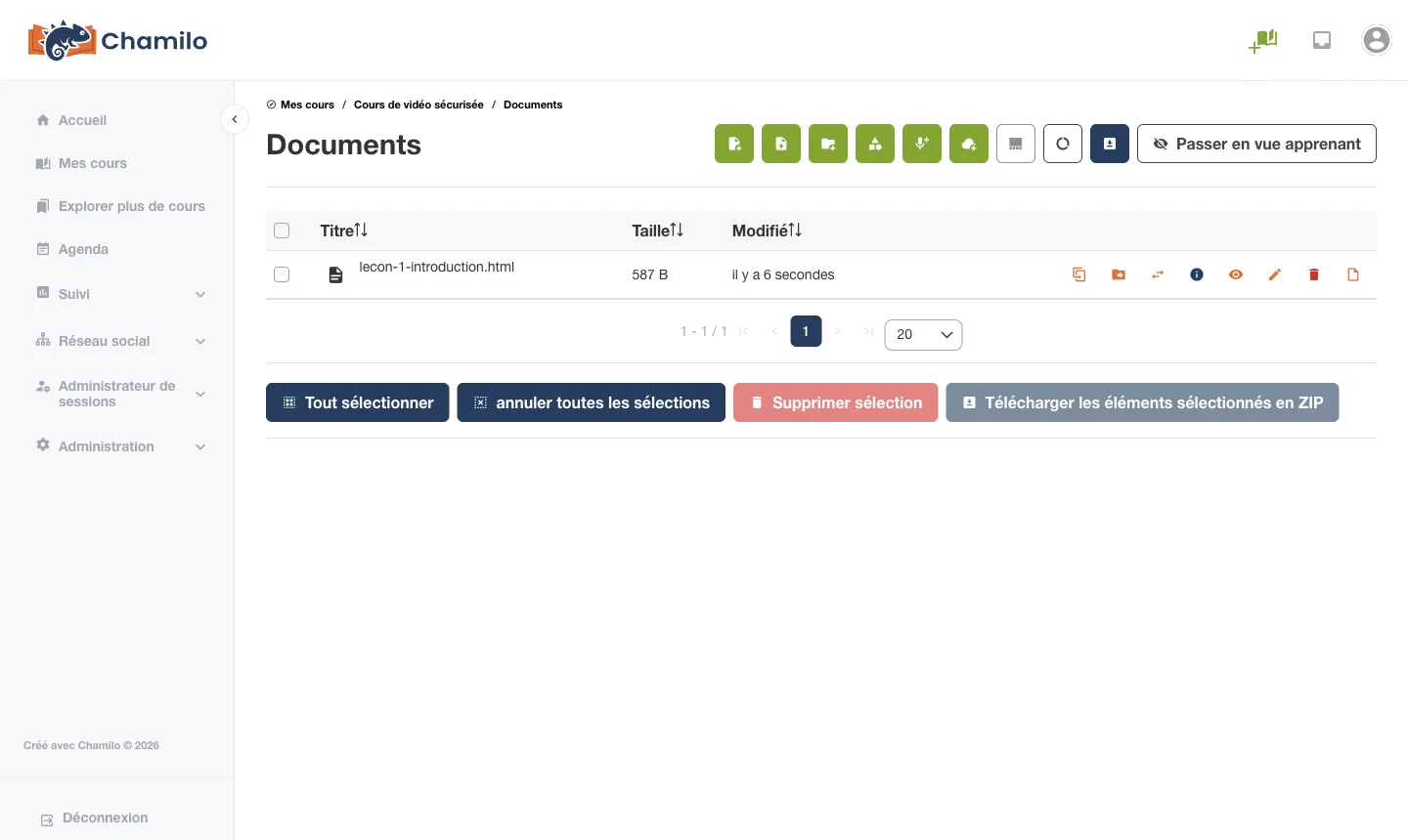 Fichier HTML de la leçon dans la liste des Documents de Chamilo