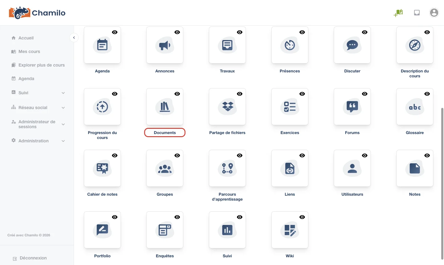 Outil Documents sur la page d’accueil du cours Chamilo
