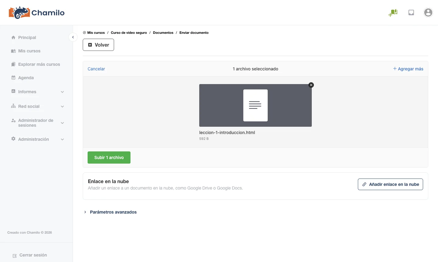 Subir a Chamilo el archivo HTML de la lección con el código de VdoCipher