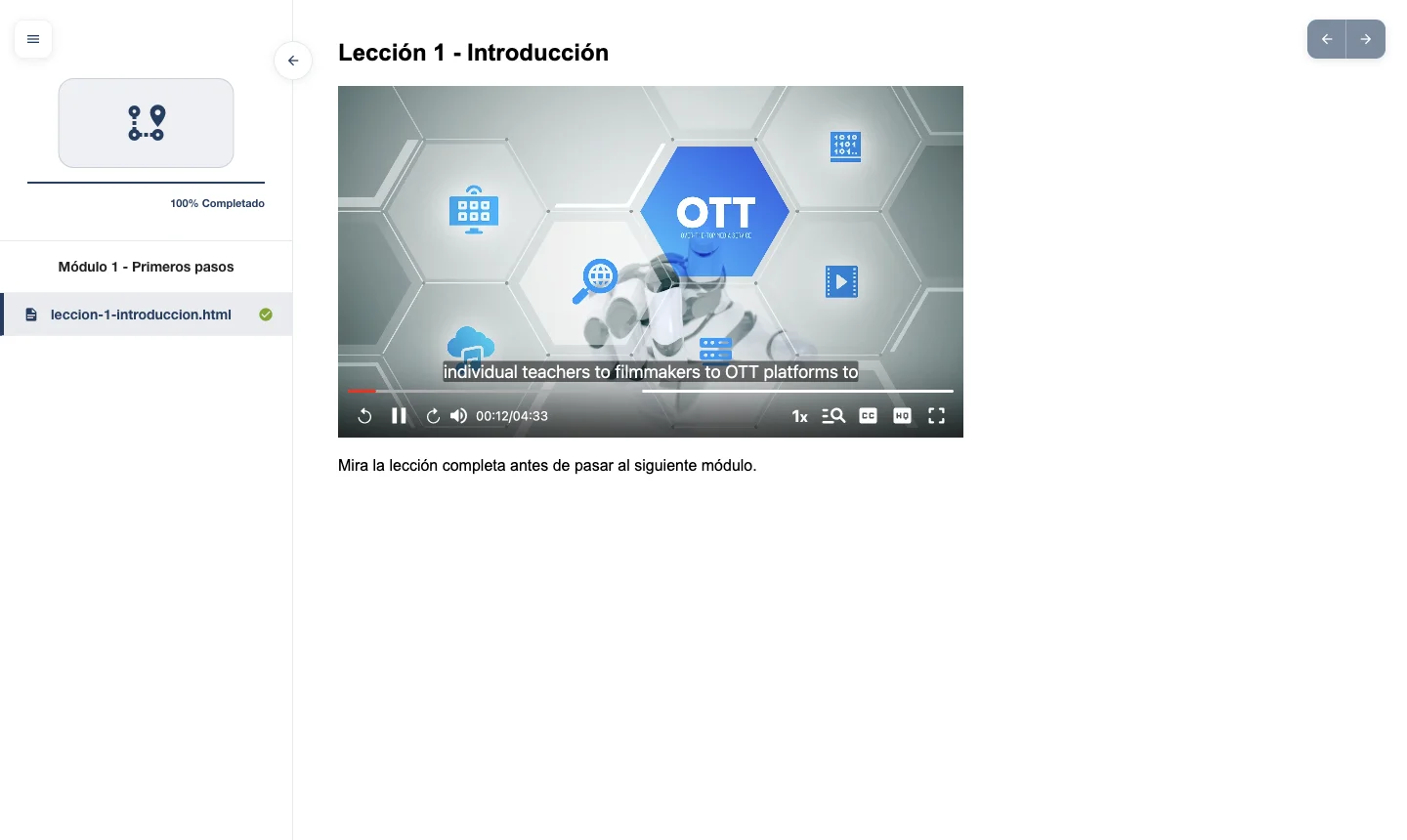 Vista de estudiante de una lección de Chamilo reproduciendo un video de VdoCipher