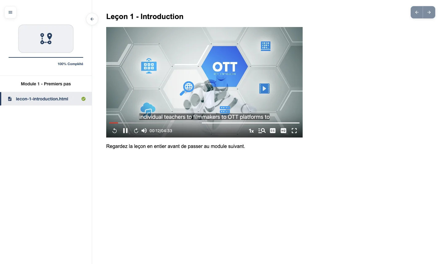 Vue apprenant d’un parcours Chamilo avec une vidéo VdoCipher en lecture