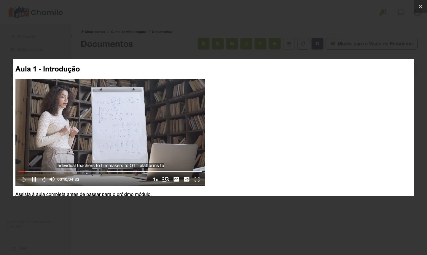 Vídeo do VdoCipher com DRM tocando na pré-visualização de Documentos do Chamilo